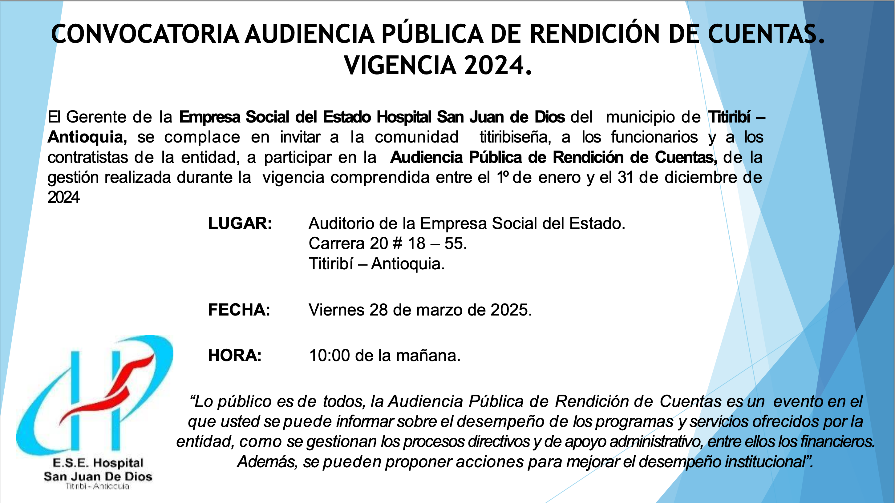 CONVOCATORIA AUDIENCIA PÚBLICA DE RENDICIÓN DE CUENTAS. VIGENCIA 2024