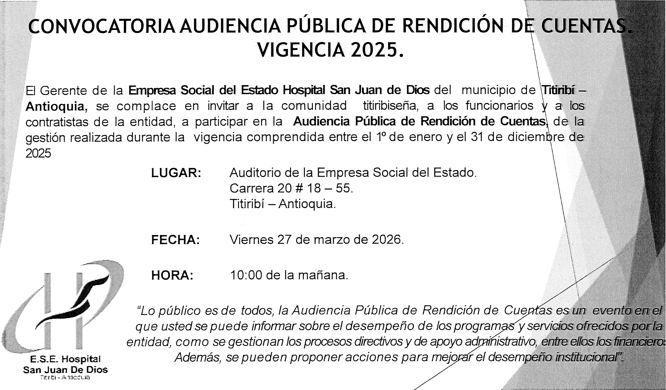 CONVOCATORIA AUDIENCIA PÚBLICA DE RENDICIÓN DE CUENTAS. VIGENCIA 2024